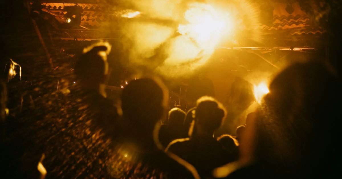 Une foule animée lors d'un concert de musique avec des lumières vives et des effets de fumée créant une atmosphère énergique.