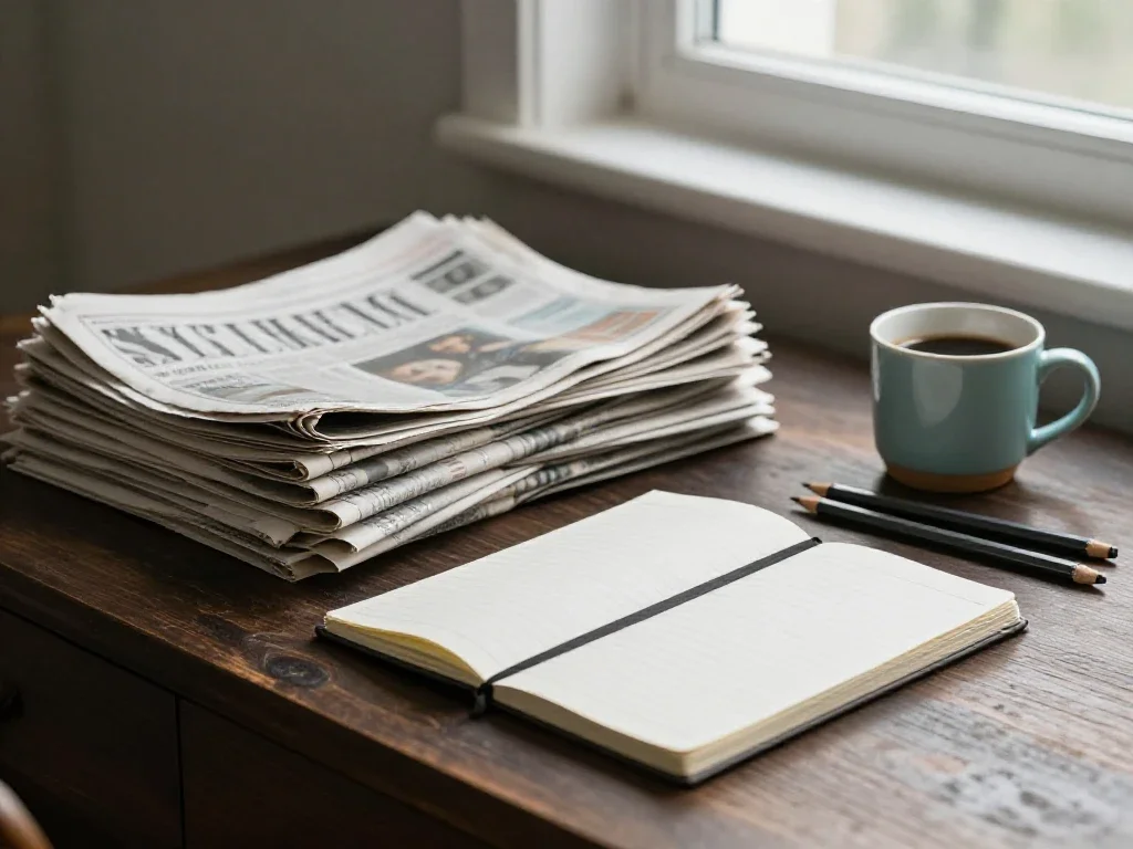 Une table de rédaction en bois sombre avec journaux, carnets clairs et café fumant.
